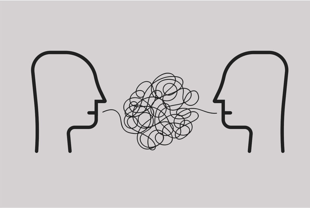 Two human heads facing one another with a thread coming from each mouth tied in knots in the space between them