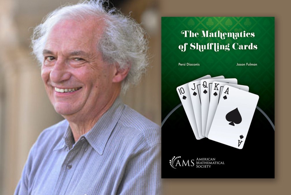 Persi Diaconis wearing a gray collared shirt next to the cover of his book The Mathematics of Shuffling Cards, which is green with 5 playing cards in the spade suit fanned across the middle