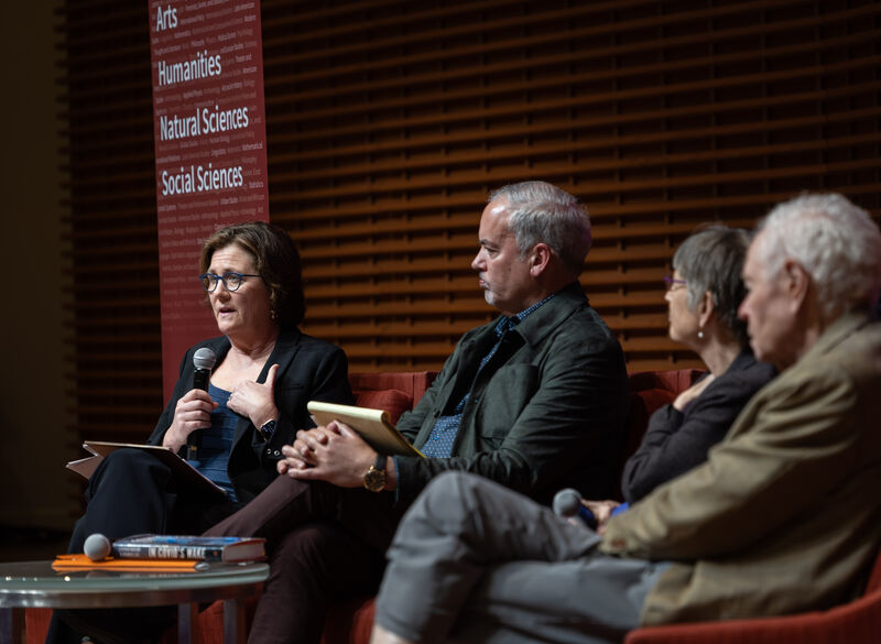 Sara Cody answers a question during Democracy and Disagreement as Stephen Macedo, Debra Satz, and Paul Brest listen