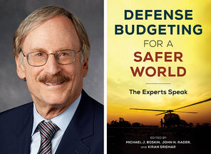 Photo of Michael J. Boskin wearing glasses and smiling and an image of the cover of the Defense Budgeting for a Safer World