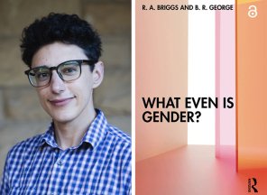 Ray Briggs wearing glasses and a blue-and-white checked shirt next to an image of the cover of their book What Even Is Gender?