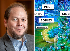 Shane Denson, author of Post-Cinematic Bodies, with the cover of his book featuring a flower with green leaves as petals surrounded by sky-blue buds and swirls