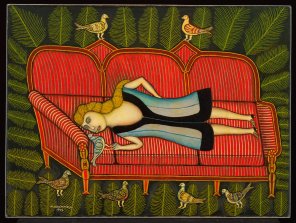Painting of a blonde girl lying on a red couch with pigeons perched on top and beneath it