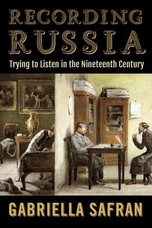 Book cover of Recording Russia with a drawing of two men talking while a third listens on the other side of the wall