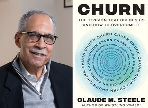 Collage of Claude Steele and the cover of his book, Churn