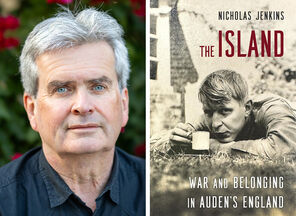 Image of Nicholas Jenkins alongside the cover of his book The Island that features a black-and-white image of W.H. Auden