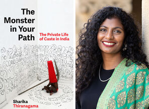Collage of the book cover for Monster in Your Path and photo of Sharika Thiranagama