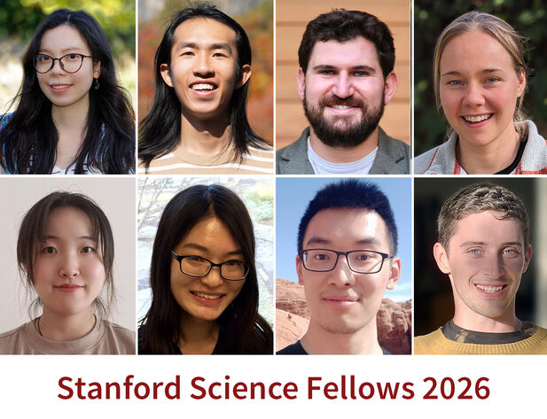 The 2026 Stanford Science Fellows, from top left to bottom right: Anna Bui, Junkai Dong, Jonathan Gewirtzman, Emily Geyman, Yuxin Jiang, Zeran (Rico) Lin, Ruishi Qi, and Owen Tuck.
