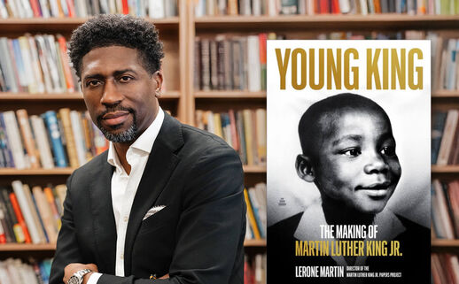 Portrait of Lerone Martin next to the cover of his book Young King featuring a portrait of MLK as a child