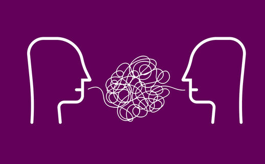 Two heads facing each other over a knot of conversation