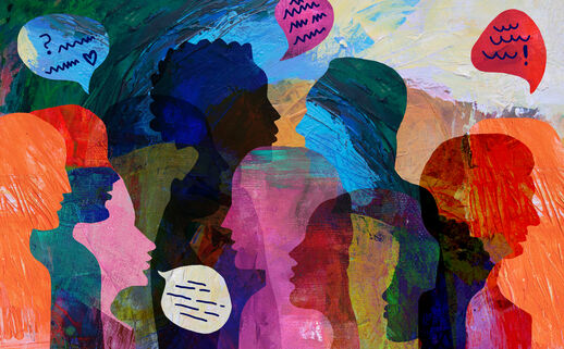 an illustration with colorful overlapping silhouettes of different people