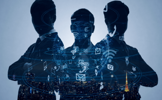 Three dark male silhouettes with tech symbols overlaid on them
