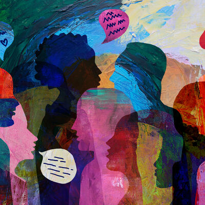 an illustration with colorful overlapping silhouettes of different people