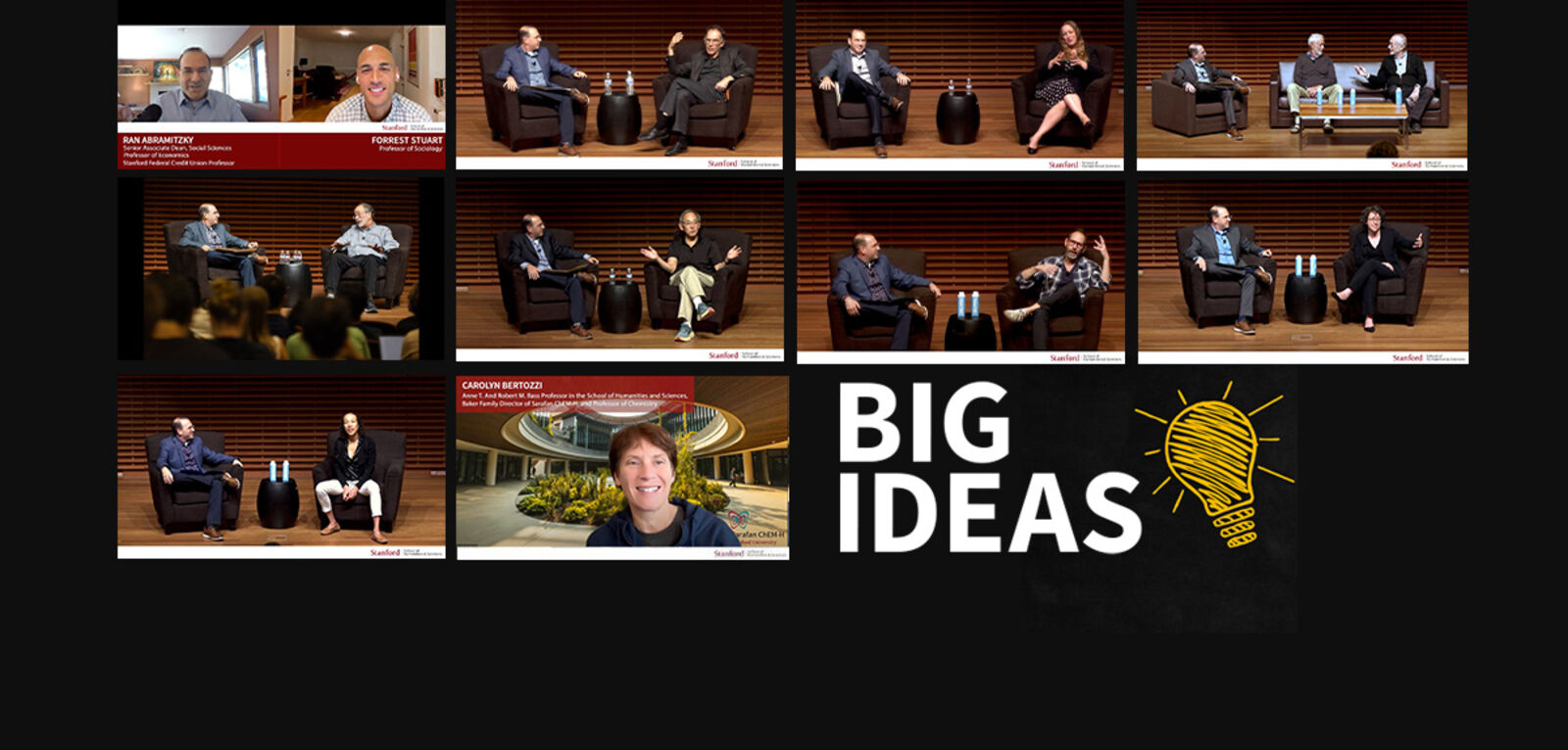 Ten images of video stills from conversations in the Big Ideas series