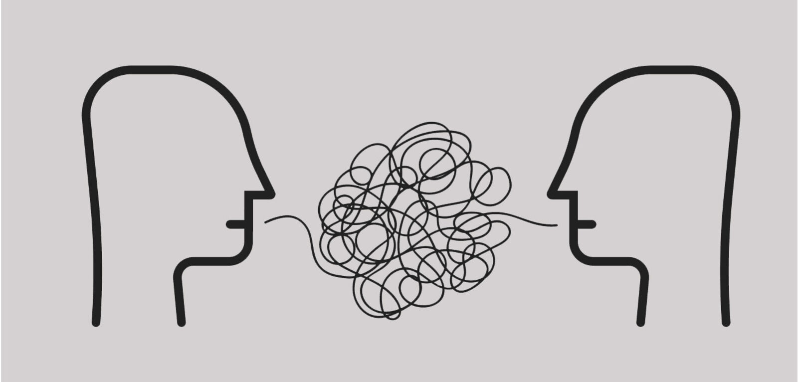 Two human heads facing one another with a thread coming from each mouth tied in knots in the space between them