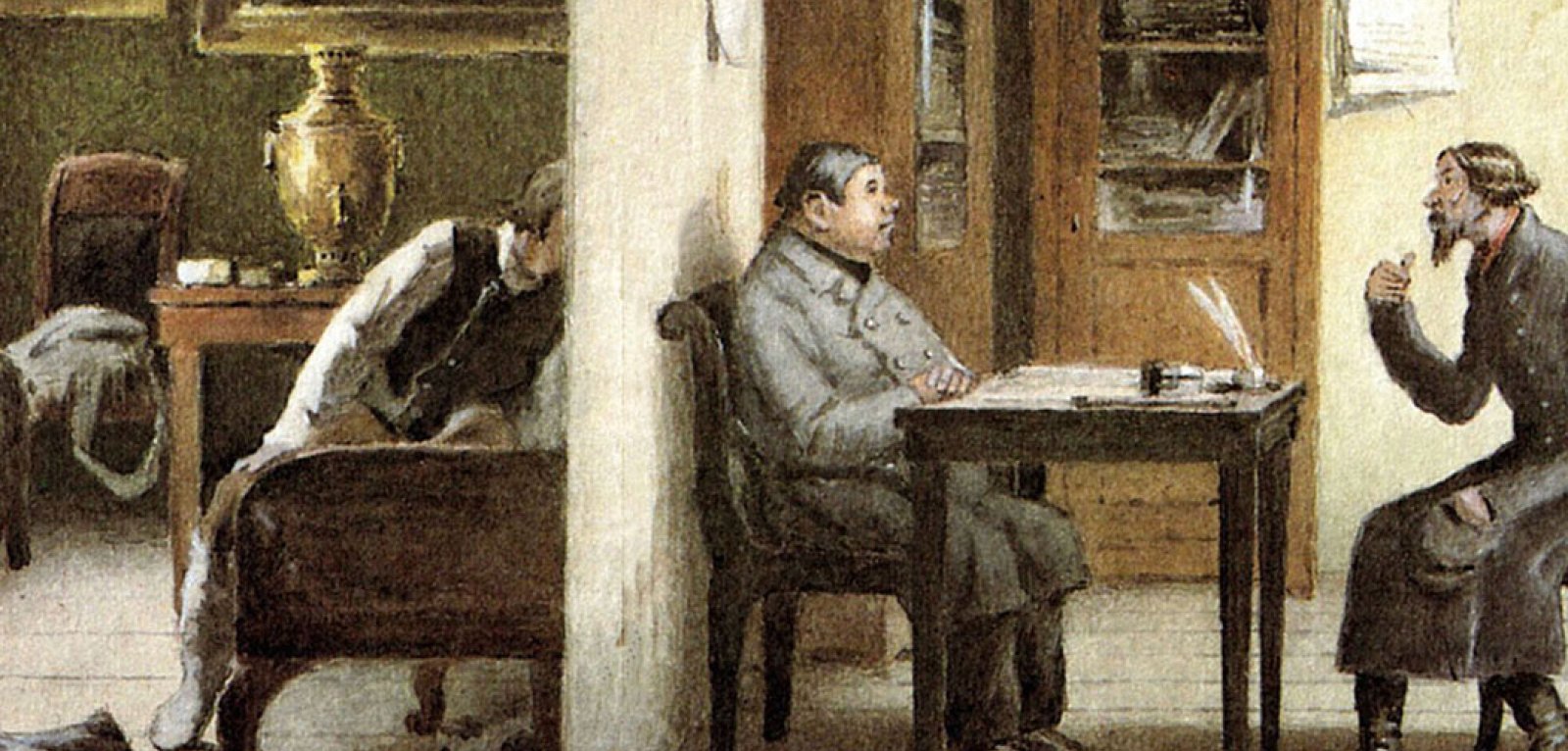 Painting of two Russian men talking while a third listens on the other side of the wall