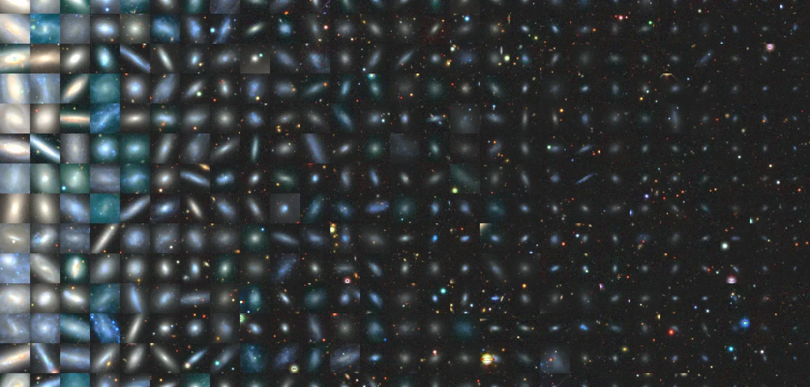 A mosaic of the images of 378 satellites across 101 Milky Way-like systems that the SAGA team has surveyed. The satellite images are sorted by their luminosity from left to right.