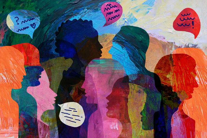 an illustration with colorful overlapping silhouettes of different people