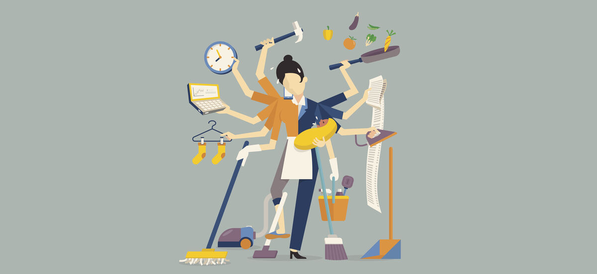 Drawing of female figure with multiple arms juggling work, domestic duties, and child care