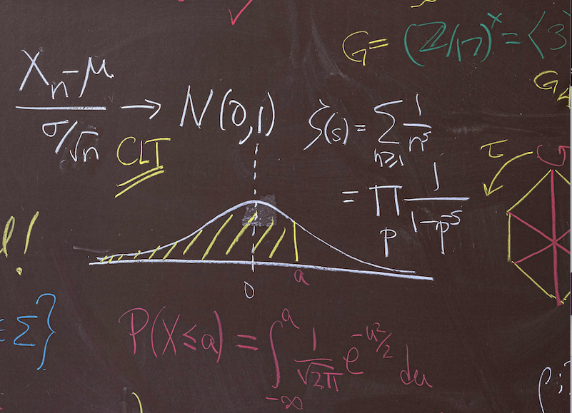 Math equations and drawings in white, blue, pink, green, and yellow chalk on a blackboard