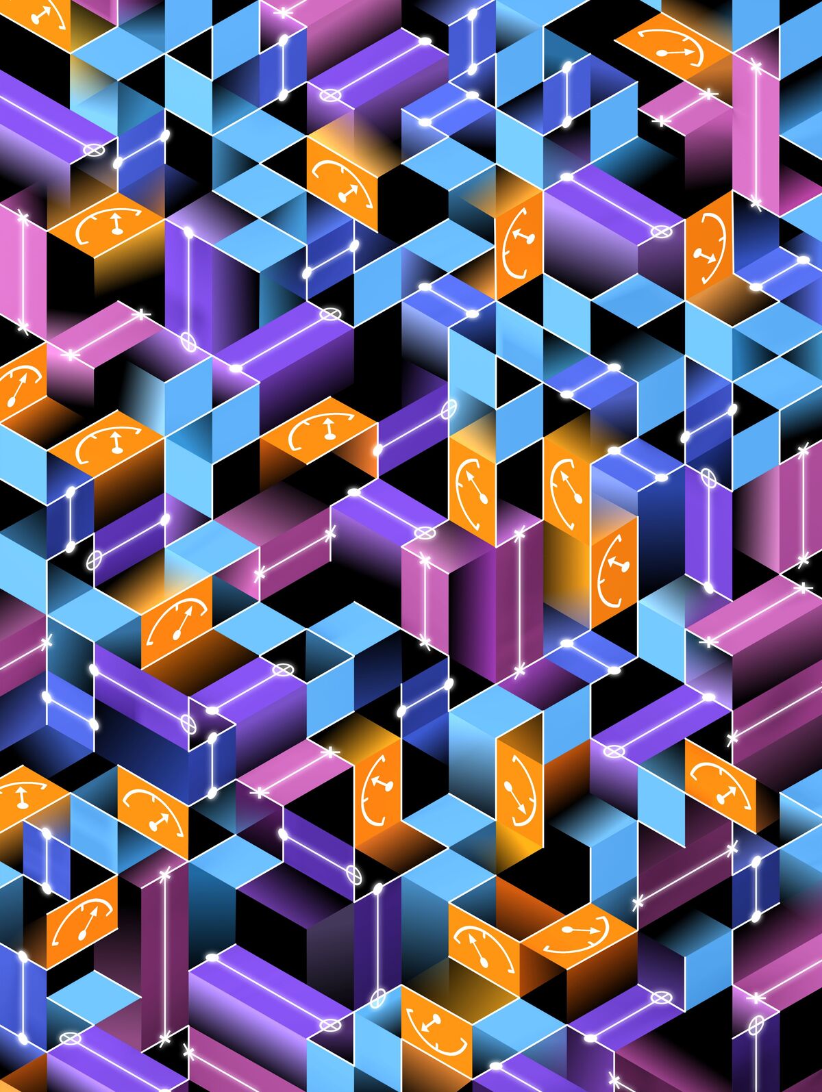 An artistic representation of how measurements can fundamentally change the structure of quantum information in space-time. In this illustration, rectangles represent qubits in a quantum system where the colors purple, orange, turquoise, and dark blue with glowing lines and half-dial symbols represent quantum information phases and various quantum properties.