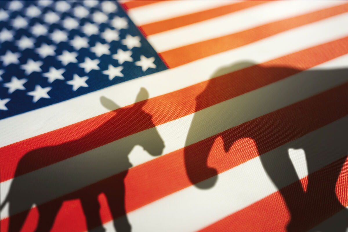 The American flag with a donkey and an elephant silhuetted on top