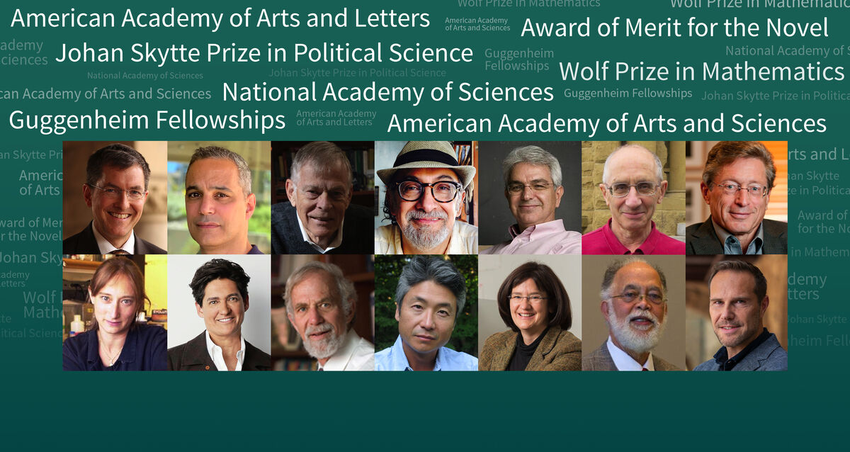 photos of 14 awardees with titles of awards behind them