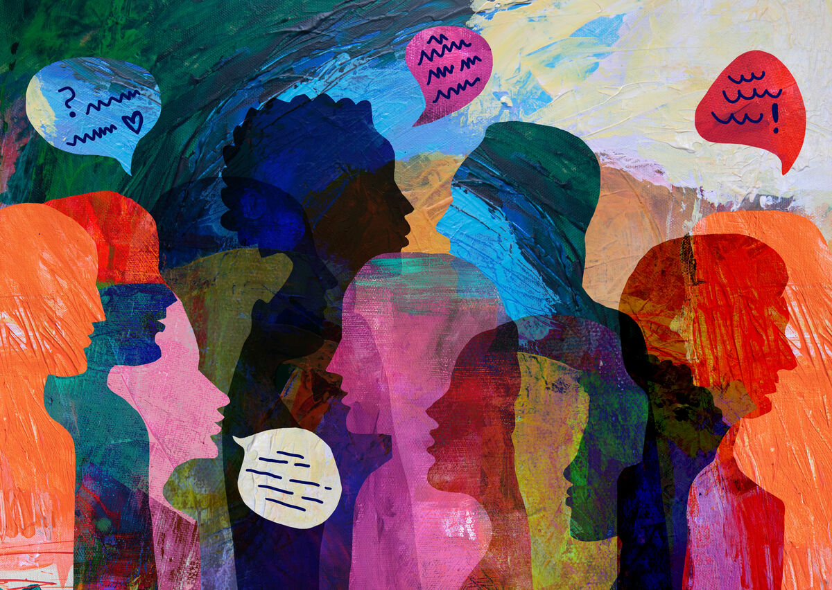 an illustration with colorful overlapping silhouettes of different people