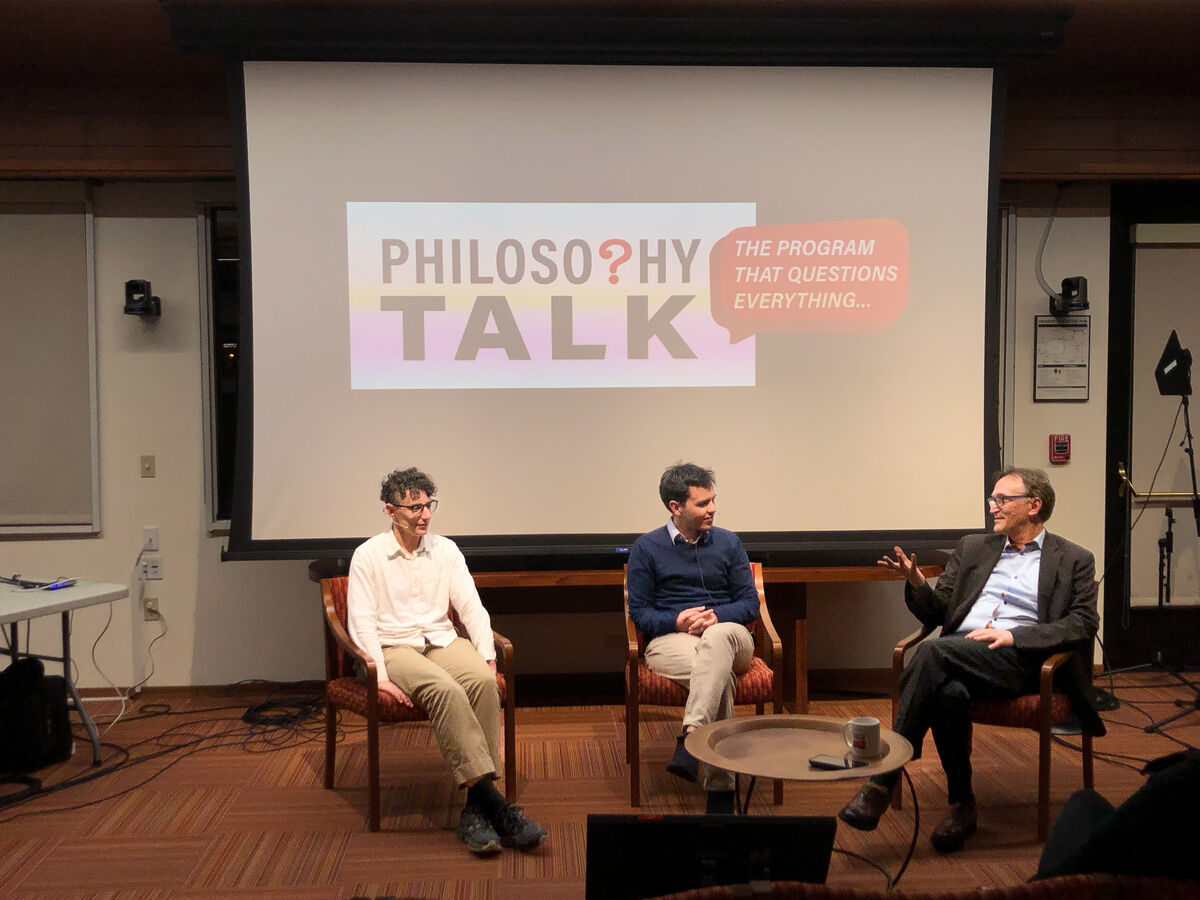 From left: Ray Briggs, Julian Jara-Ettinger, and Joshua Landy talk