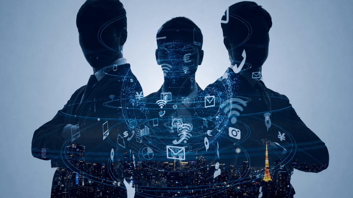 Three dark male silhouettes with tech symbols overlaid on them