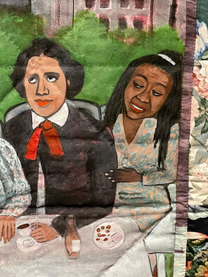 Painted quilt square showing two Black women sitting side by side