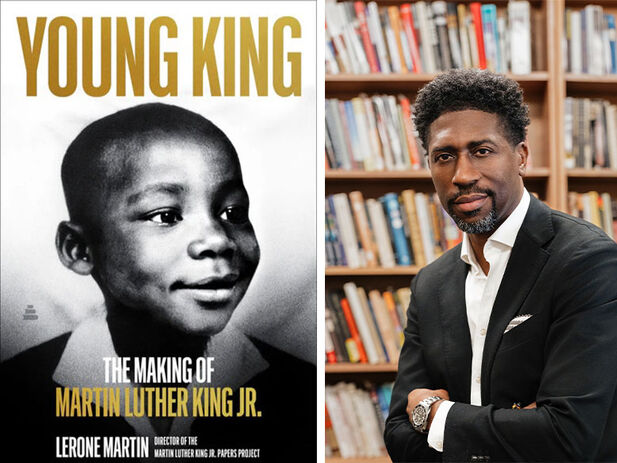 Cover of the book Young King with an image of MLK as a child next to a portrait of author Lerone Martin