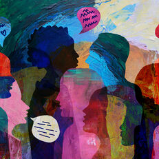 an illustration with colorful overlapping silhouettes of different people