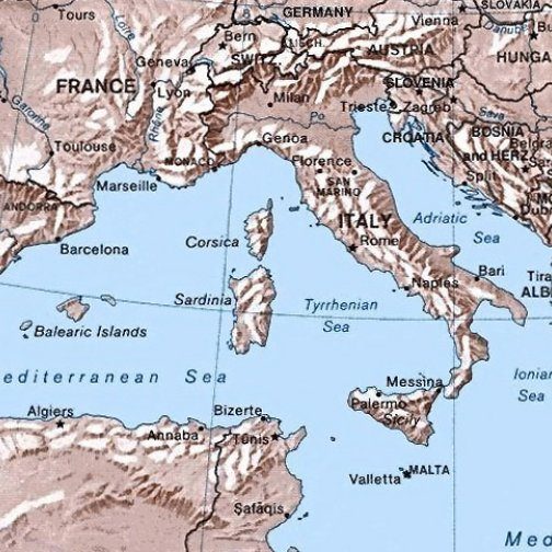 A map showing France, Italy and the Mediterranean Sea.