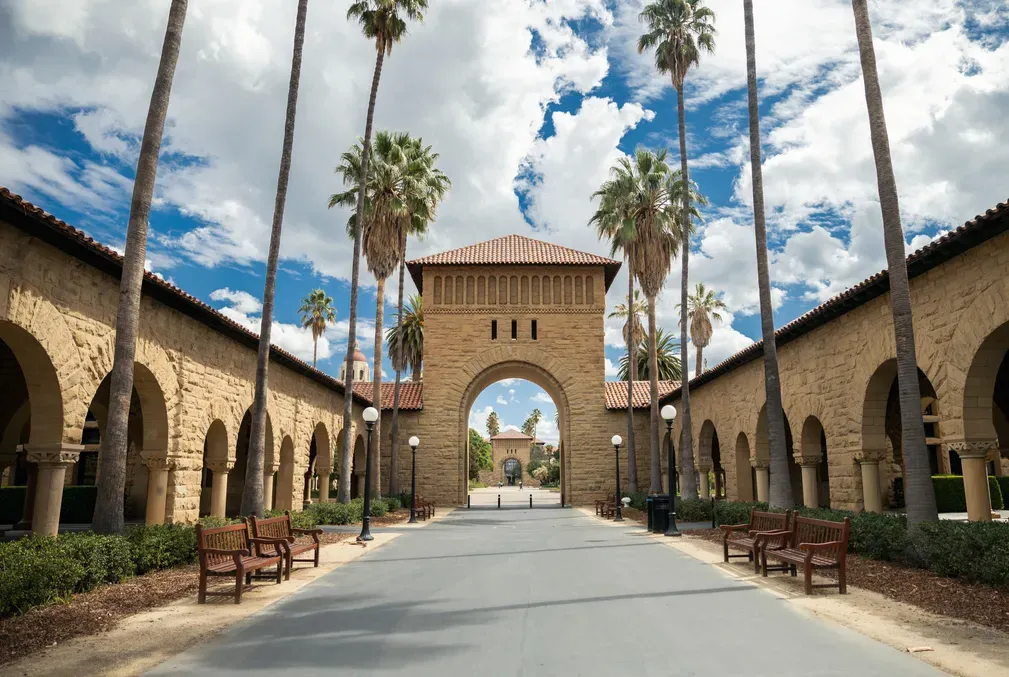 Picture of the side gate of Stanford's Main Quad with no people