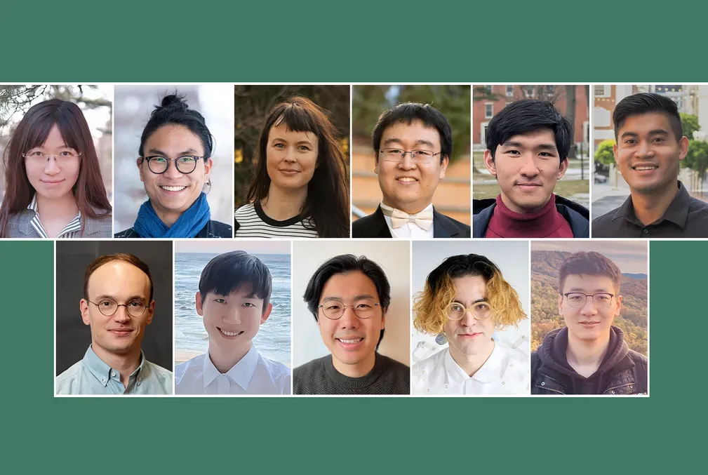 Collage of the 2025 cohort of Stanford Science Fellows on a green background