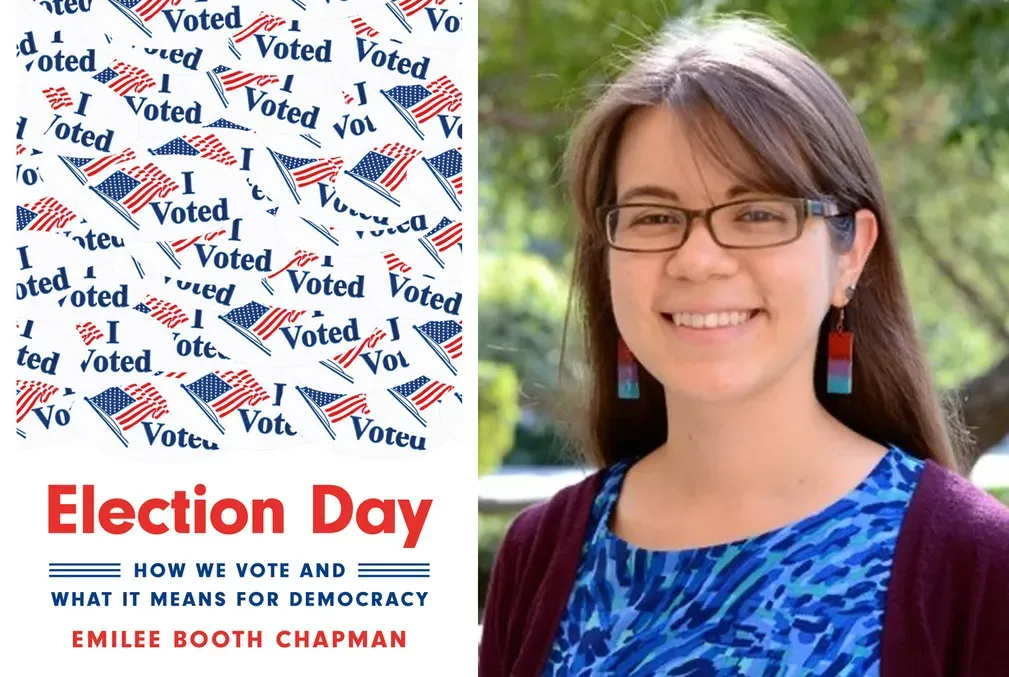 The cover of the book Election Day and an image of its author, Emilee Booth Chapman