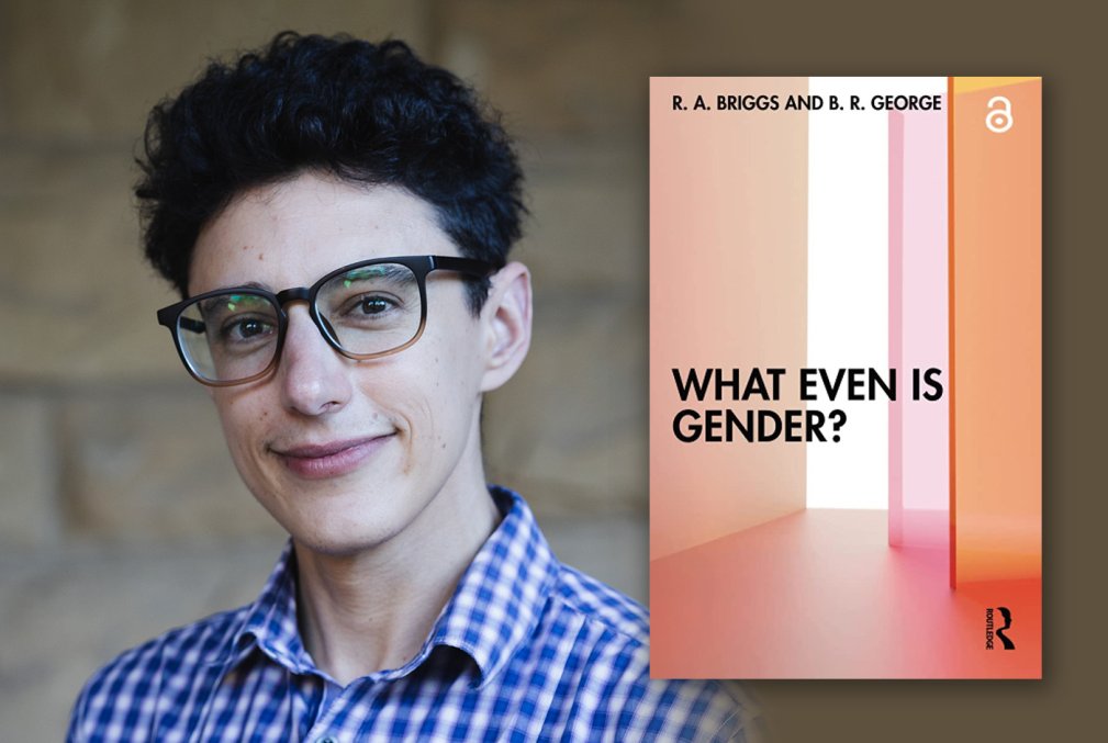 Ray Briggs wearing glasses and a blue-and-white checked shirt next to an image of the cover of their book What Even Is Gender?