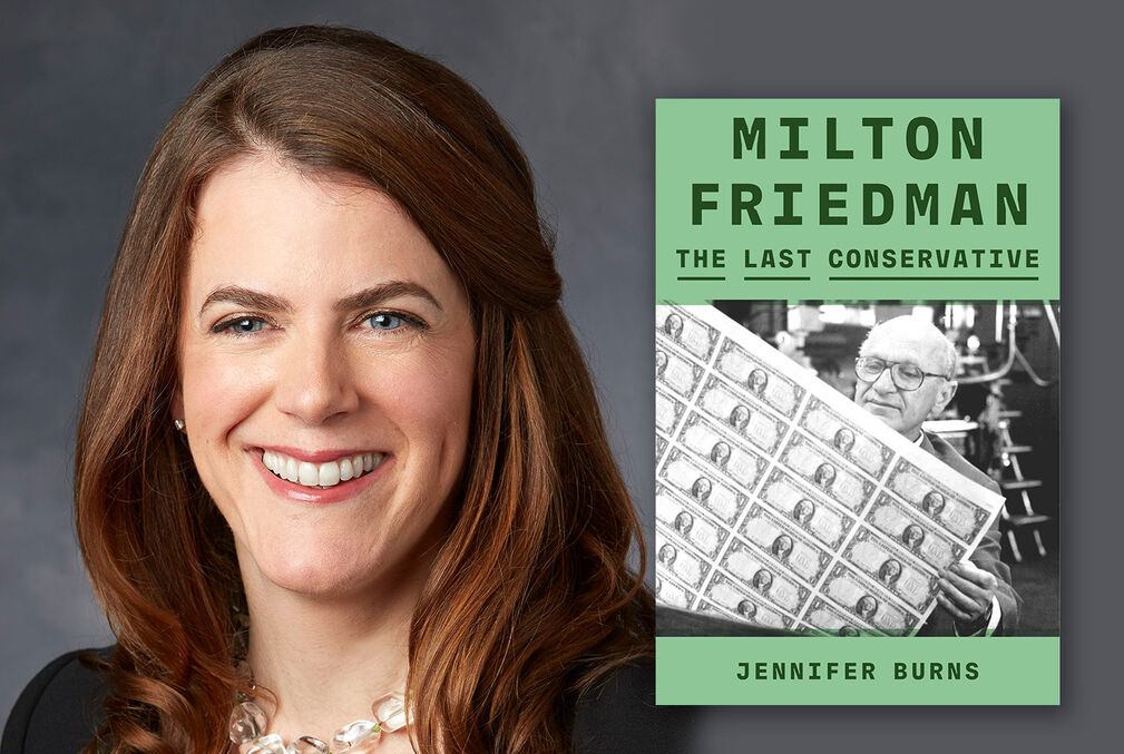 Headshot of Jennifer Burns alongside the cover of her book, Milton Friedman