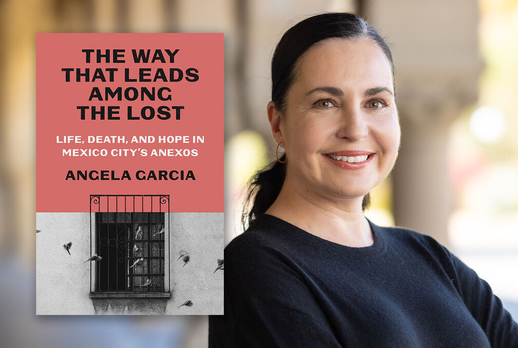 Cover of the book The Way That Leads Among the Lost with a black-and-white photo of a window with bar across it next to a headshot of the author, Angela Garcia, with dark hair in a pony tail