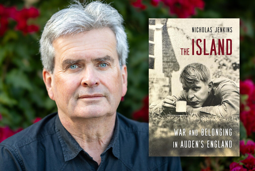 Image of Nicholas Jenkins alongside the cover of his book The Island