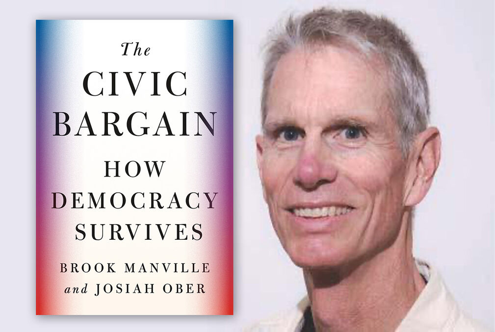 A book cover with the word "The Civic Bargain: How Democracy Survives" set in black serif type on a white background with faded bars of blue, purple, and red stacked vertically on both sides of the cover. To the right of this is a headshot of co-author Josiah Ober wearing a white collared shirt.