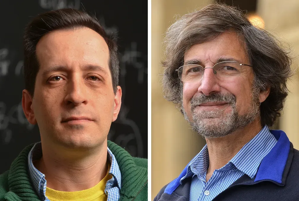 Headshots of Brian Conrad and Rafe Mazzeo. Conrad is in front of a blackboard with math figures on it. Mazzeo is front of the sandstone columns along Stanford's Main Quad.