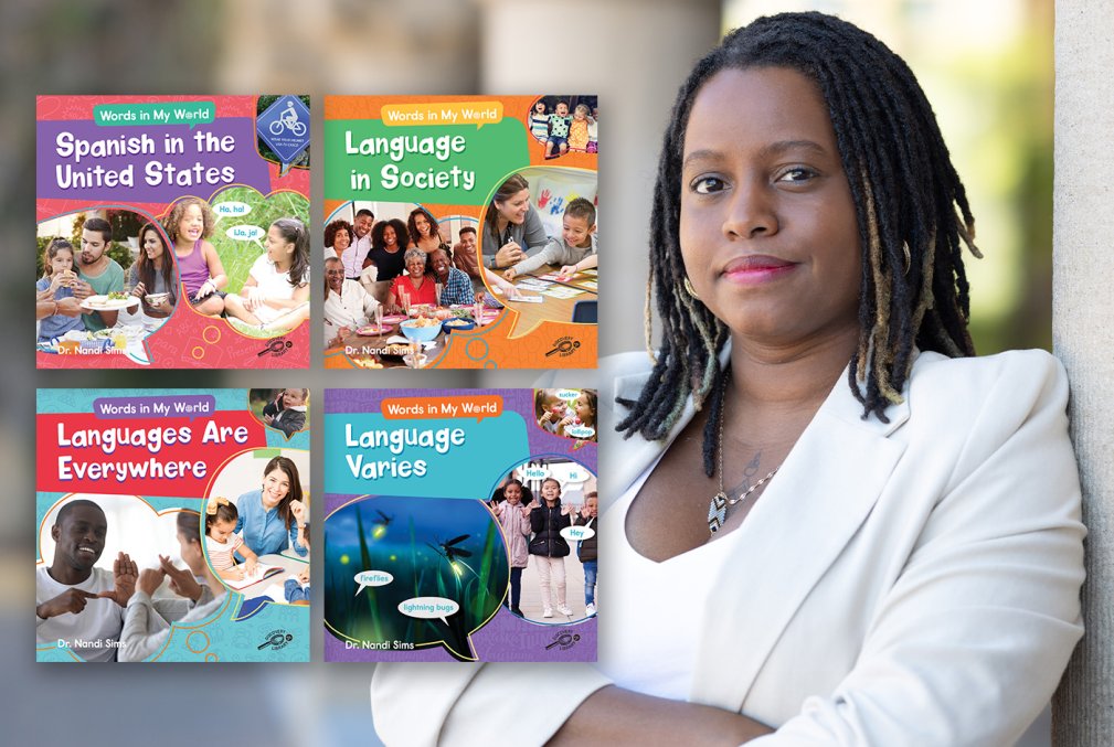 Four book covers from the children's series Words in My World to the left of a photo of author Nandi Sims