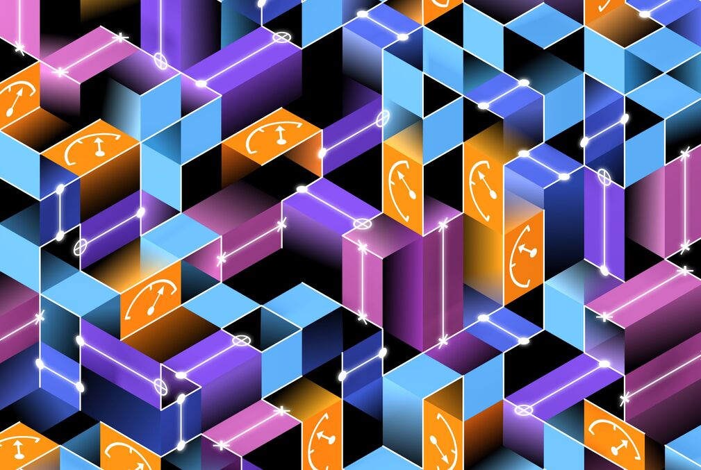 An artistic representation of how measurements can fundamentally change the structure of quantum information in space-time. In this illustration, rectangles represent qubits in a quantum system where the colors purple, orange, turquoise, and dark blue with glowing lines and half-dial symbols represent quantum information phases and various quantum properties.