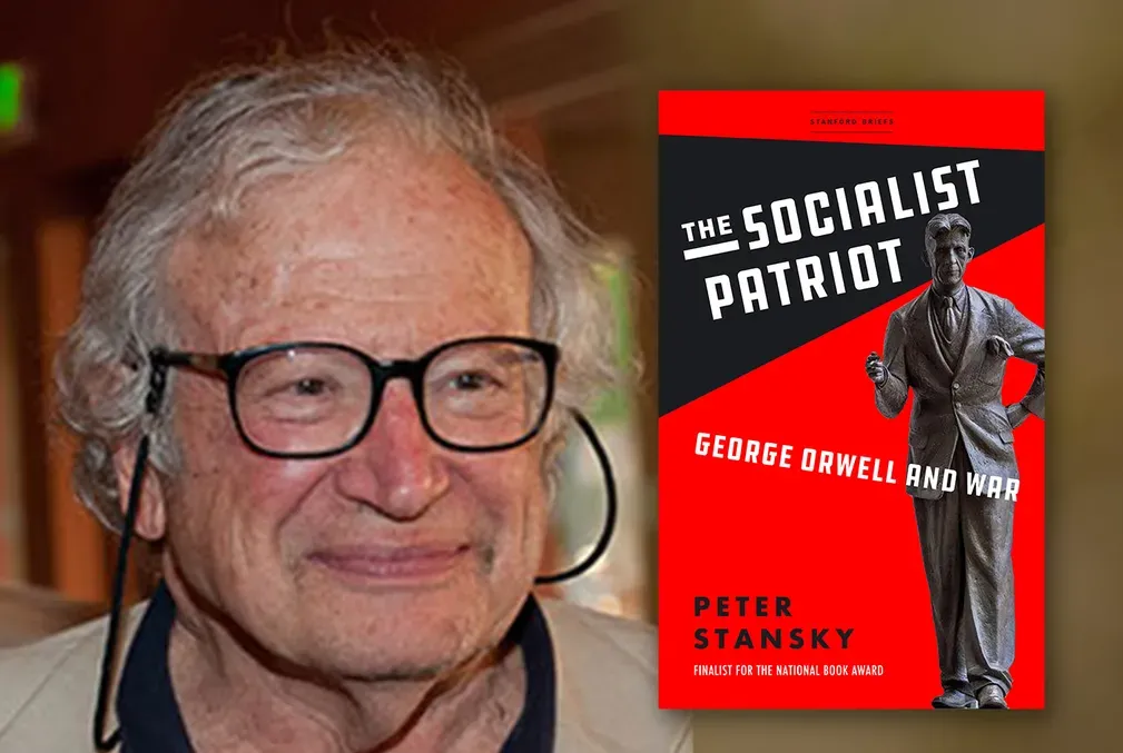 Headshot of Peter Stansky with the cover of his book The Socialist Patriot