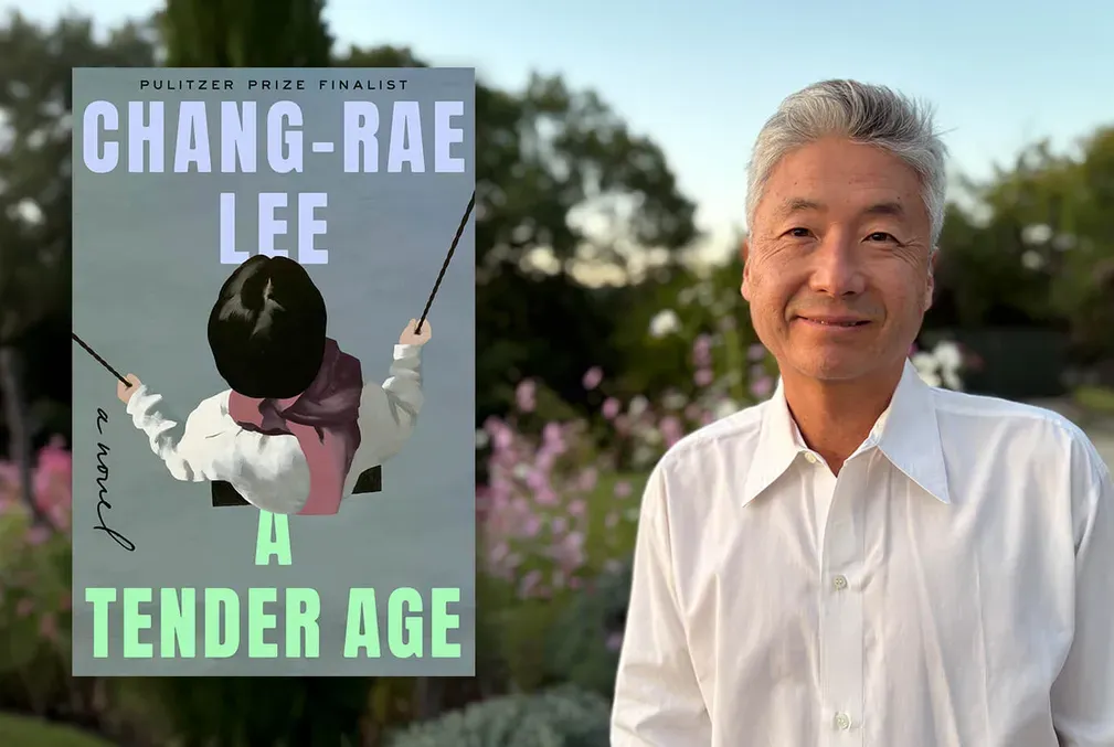 Book cover of A Tender Age and a portrait of its author, Chang-rae Lee