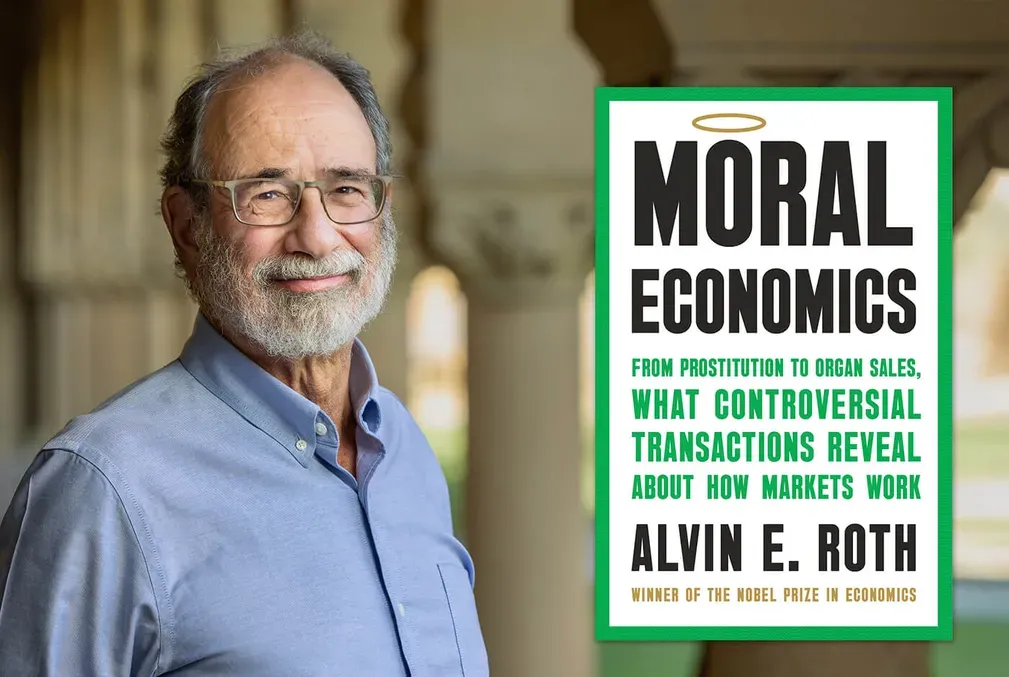 Portrait of Alvin Roth and an image of the cover of his book Moral Economics