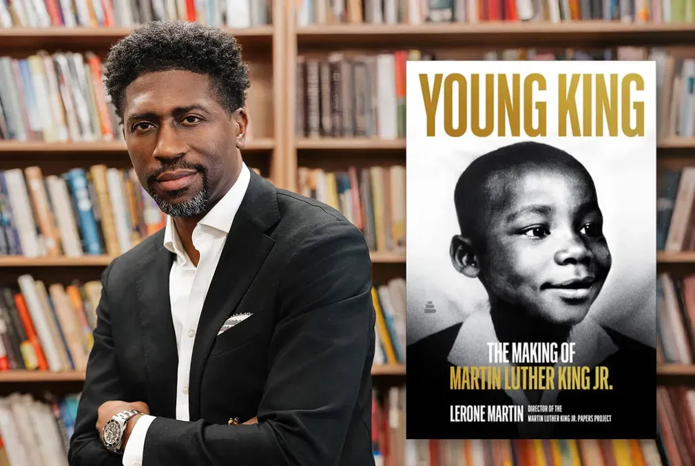 Portrait of Lerone Martin next to the cover of his book Young King featuring a portrait of MLK as a child