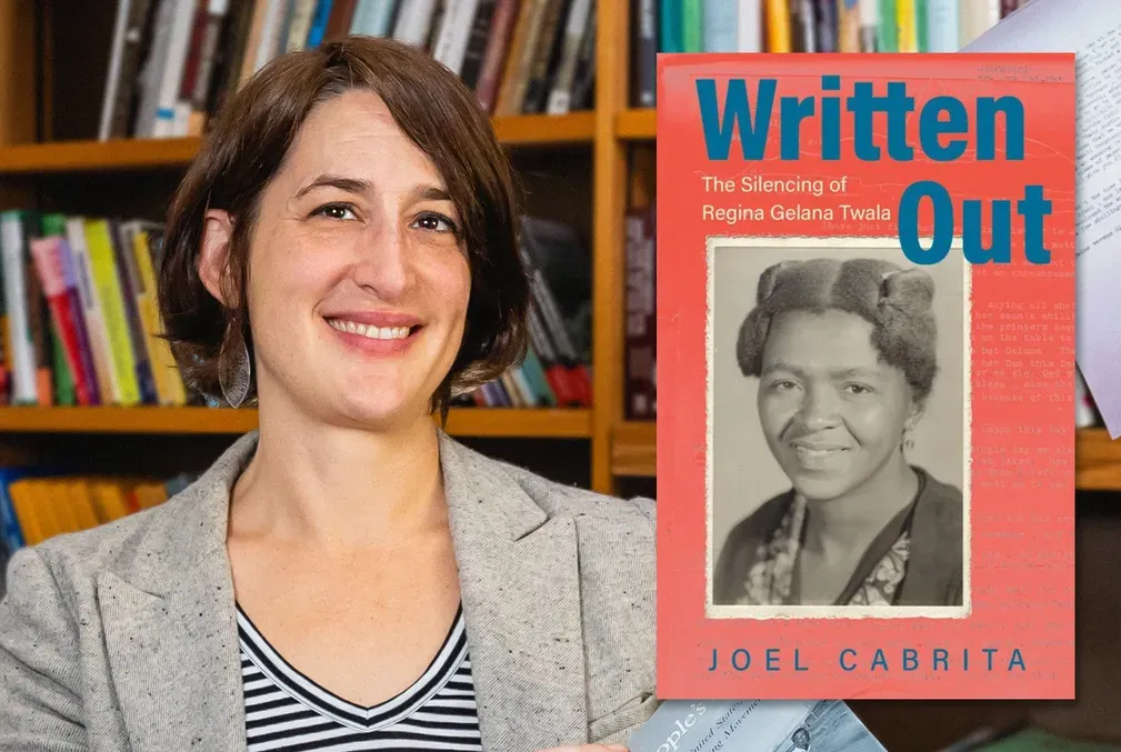 Photo of author Joel Cabrita wearing a striped shirt and light-gray blazer in an academic office filled with books next to an image of the cover of Written Out